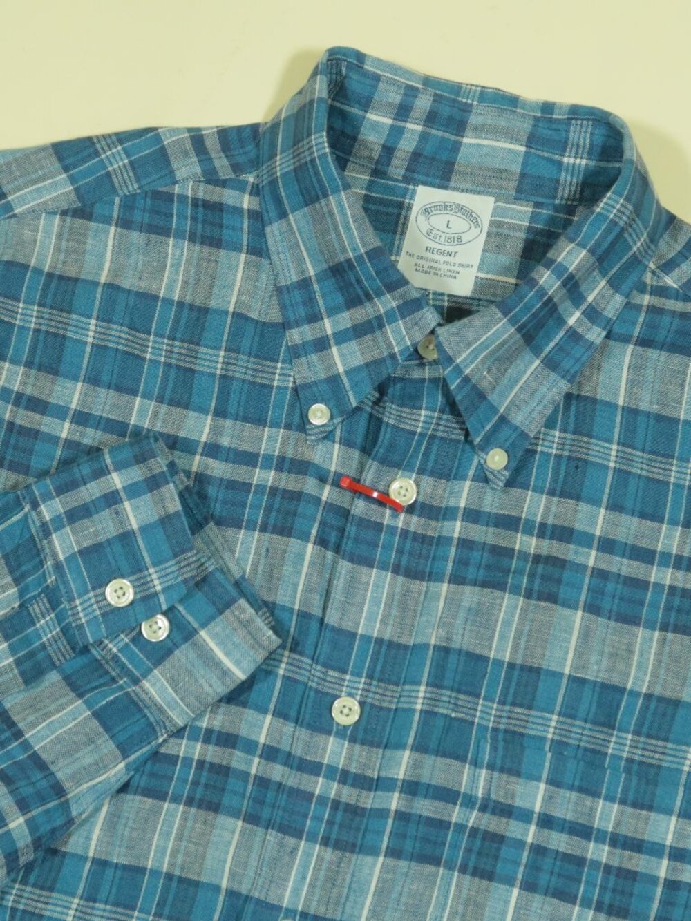 Brooks Brothers Regent Irish Linen Shirt Mens L Blue Plaid Long Sleeve
